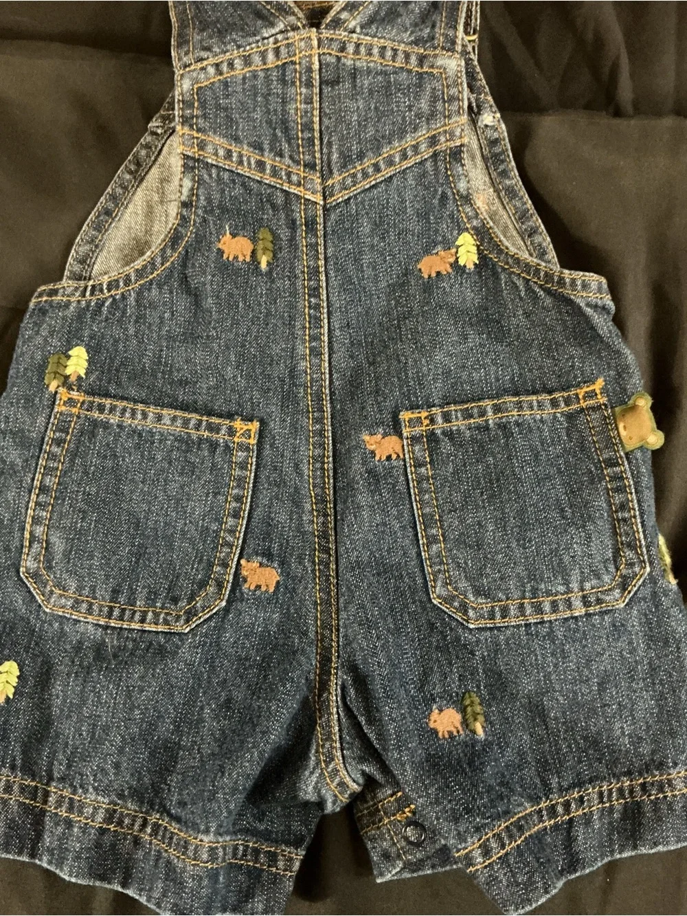 Children's Dark Blue Denim Short Overalls with Forest Embroidery